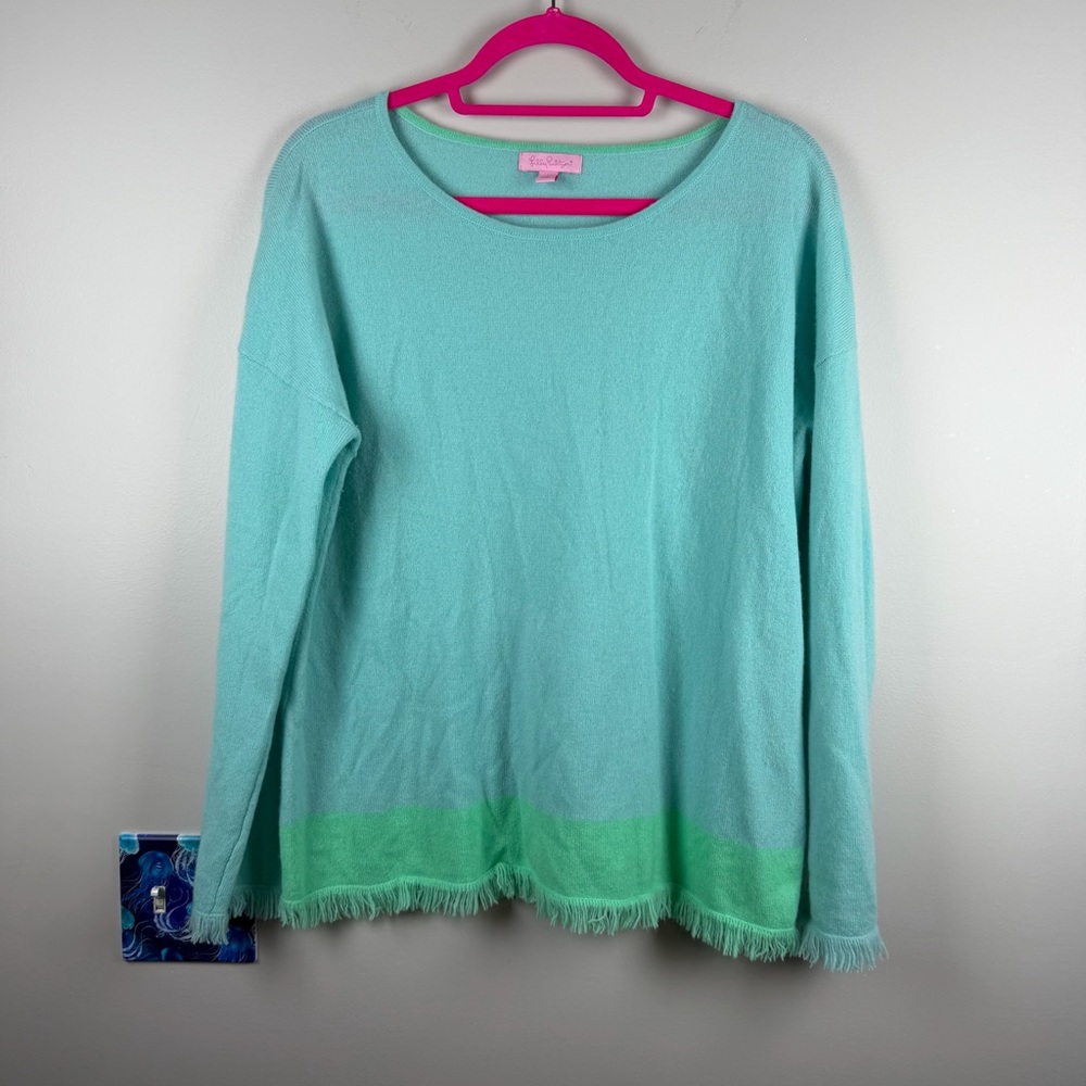 LILLY PULITZER Fairfax Fringe Blue Green Cashmere Sweater Size Large Preppy - Picture 2 of 8